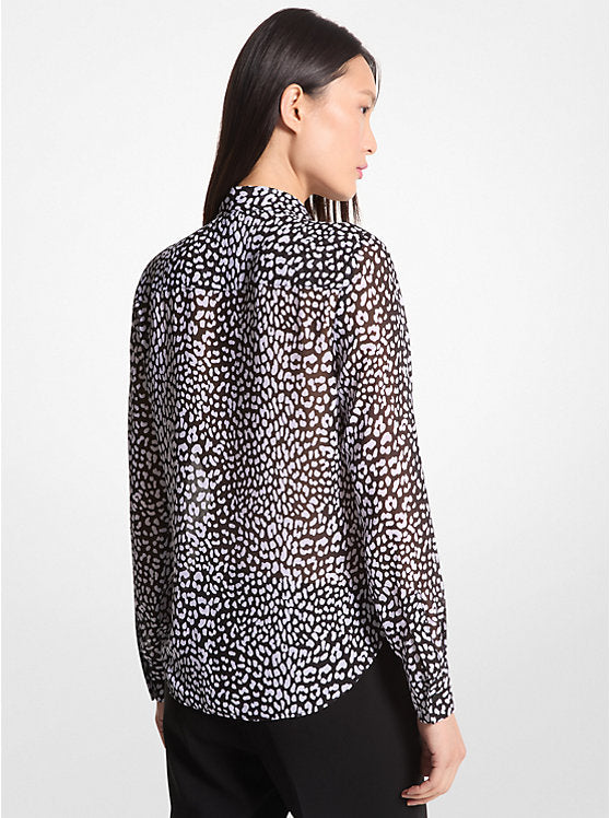 Michael Kors Graphic Leopard Print Georgette Tie-Neck Blouse