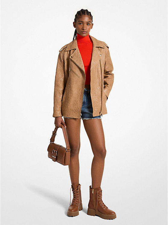 Michael Kors Oversized Crinkled Leather Moto Jacket