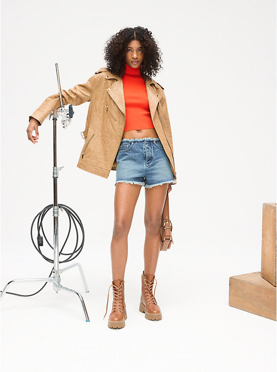 Michael Kors Oversized Crinkled Leather Moto Jacket