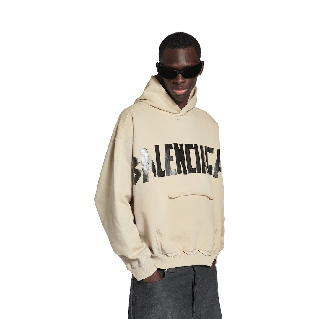 BALENCIAGA Tape Type Ripped Pocket Hoodie in Beige
