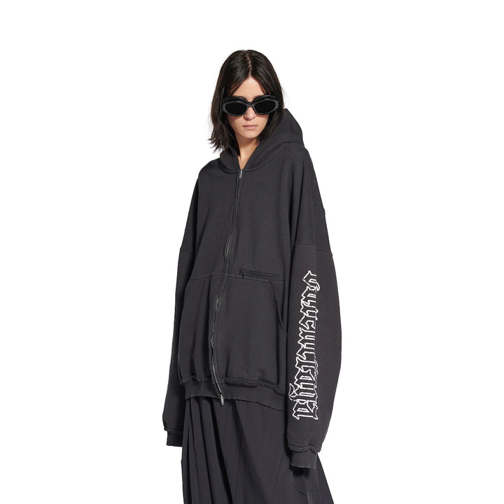 BALENCIAGA BLACKLETTER SCRIPT PULLED ZIP-UP HOODIE LARGE FIT