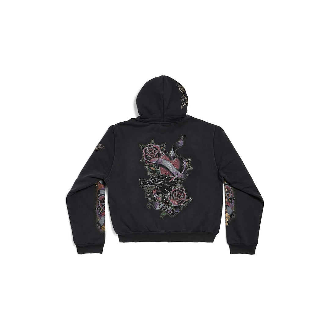BALENCIAGA Women's Tacky Tattoo Zip-up Hoodie Small Fit in Black Faded