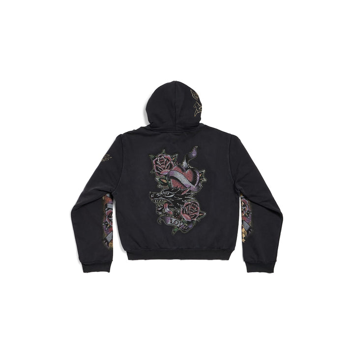 BALENCIAGA Women's Tacky Tattoo Zip-up Hoodie Small Fit in Black Faded