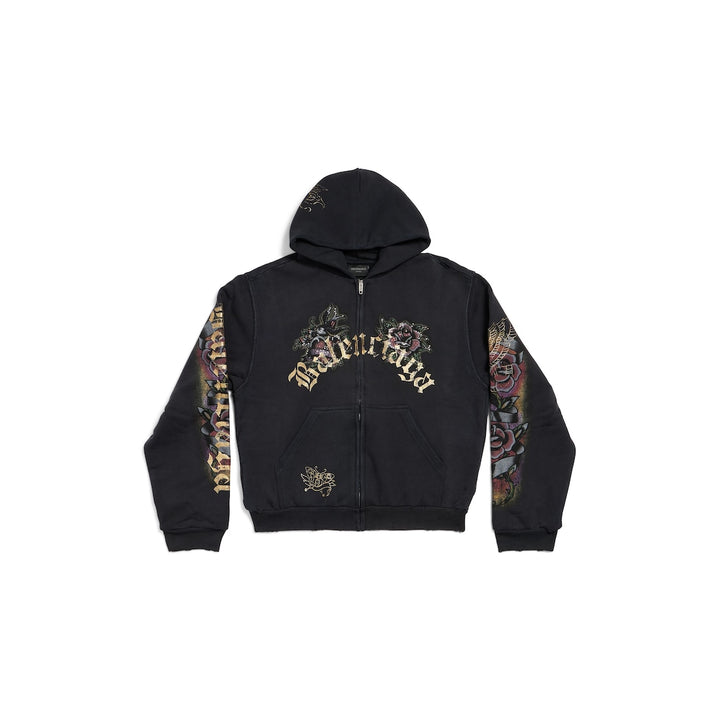 BALENCIAGA Women's Tacky Tattoo Zip-up Hoodie Small Fit in Black Faded