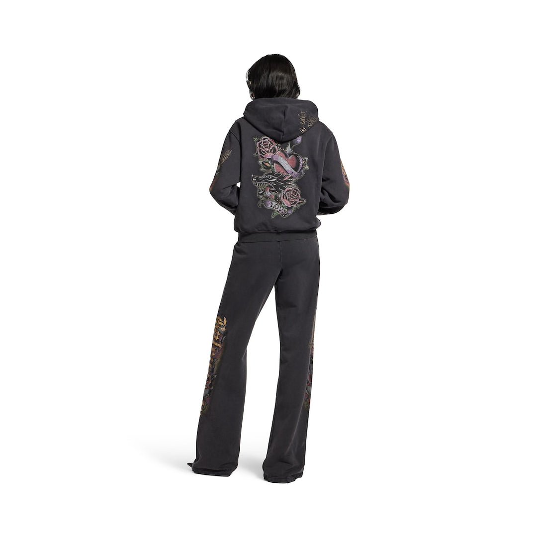 BALENCIAGA Women's Tacky Tattoo Zip-up Hoodie Small Fit in Black Faded