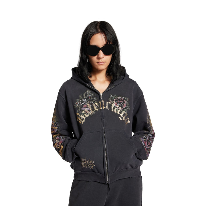 BALENCIAGA Women's Tacky Tattoo Zip-up Hoodie Small Fit in Black Faded