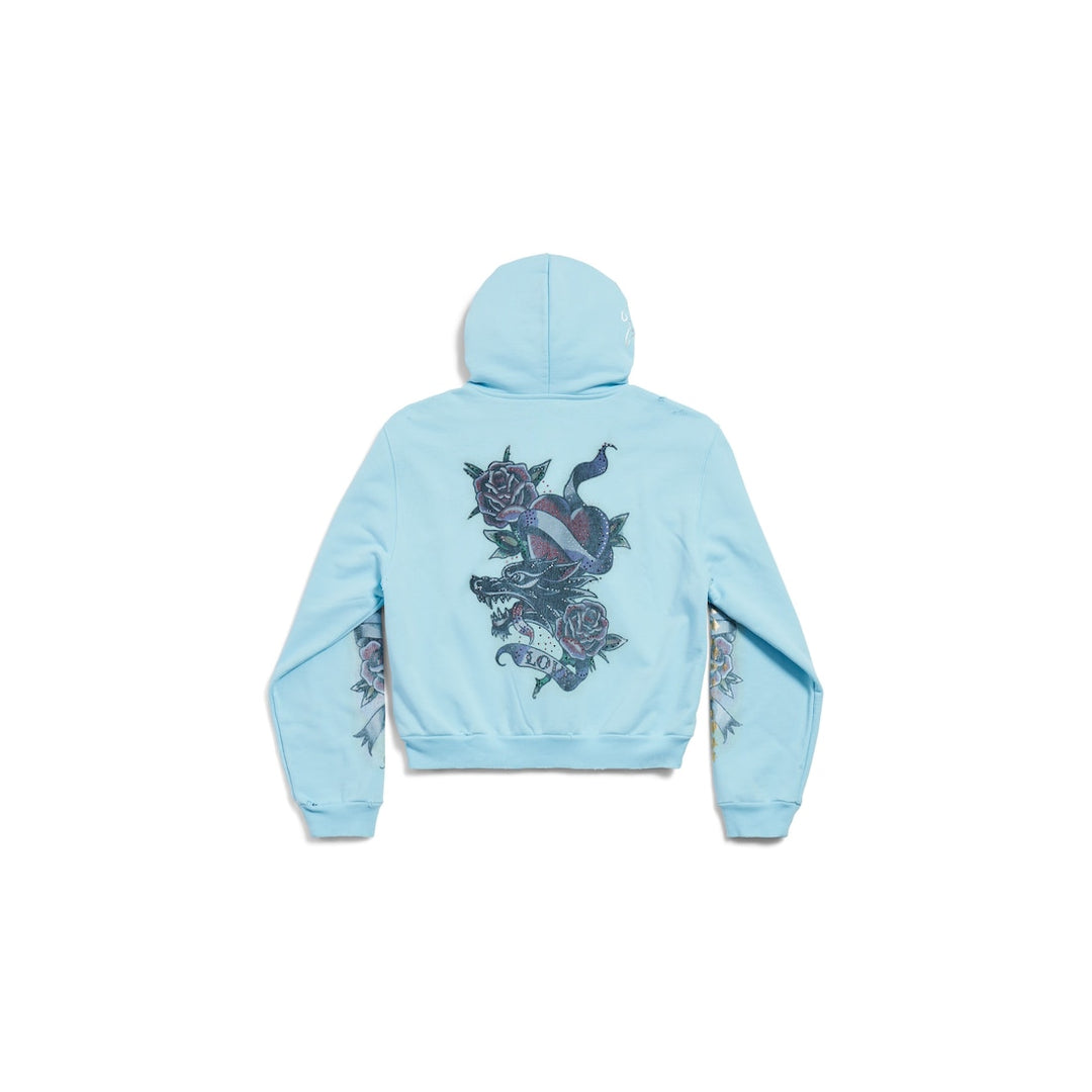 BALENCIAGA Women's Tacky Tattoo Zip-up Hoodie Small Fit in Black Faded
