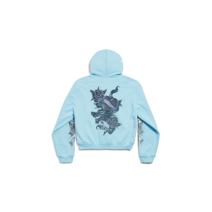 BALENCIAGA Women's Tacky Tattoo Zip-up Hoodie Small Fit in Black Faded