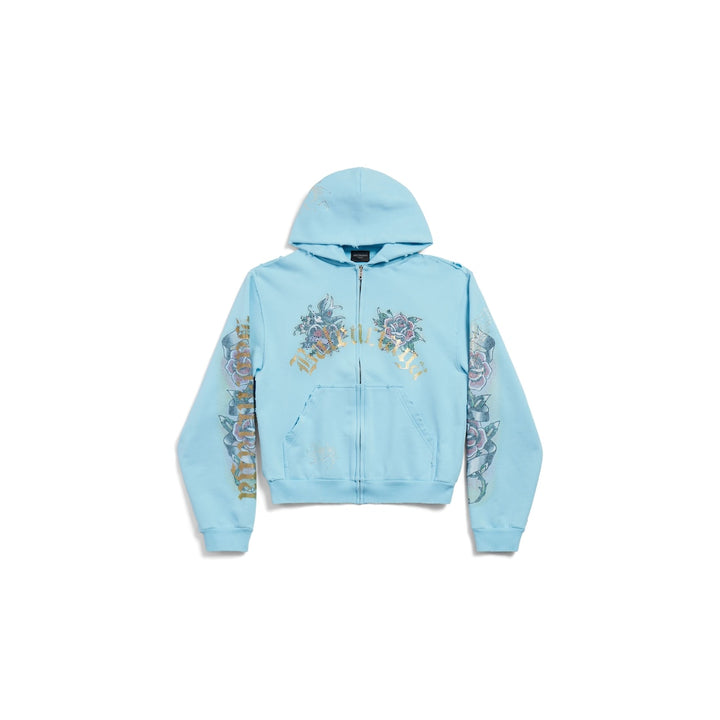 BALENCIAGA Women's Tacky Tattoo Zip-up Hoodie Small Fit in Black Faded