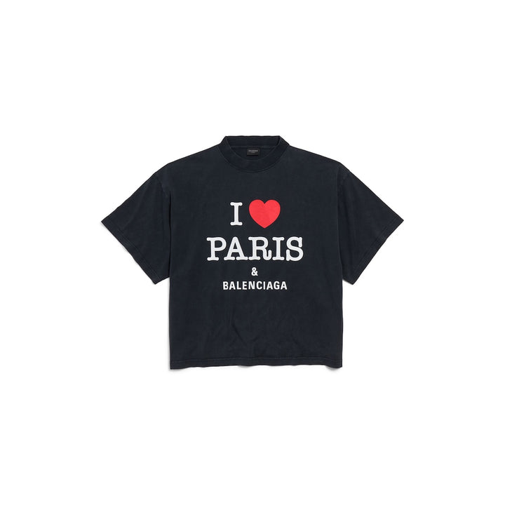 BALENCIAGA Women's I Love Paris & Balenciaga Cropped T-shirt Oversized in Black Faded