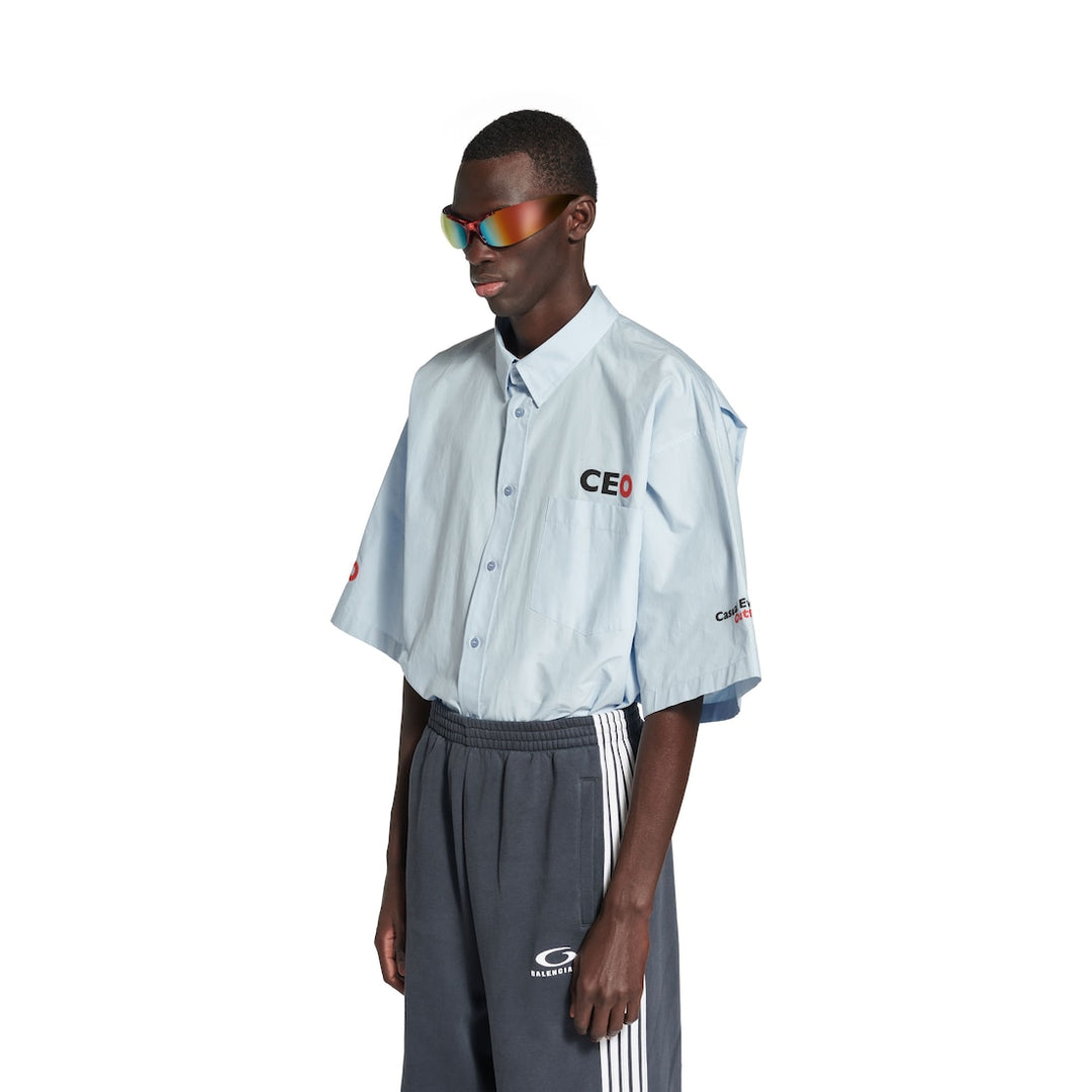 BALENCIAGA Men's Ceo Uniform Logo Short Sleeve Oversized Shirt in Light Blue