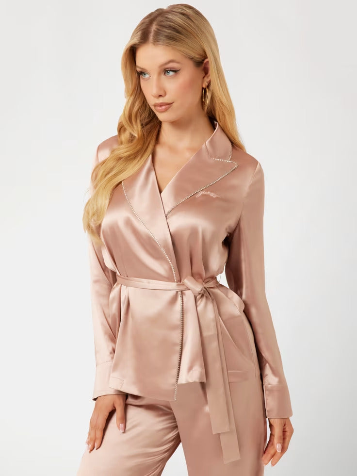 Guess Satin Embellished Wrap Top and Pants PJ Set