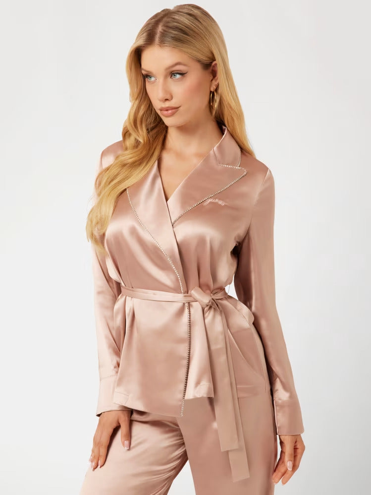 Guess Satin Embellished Wrap Top and Pants PJ Set