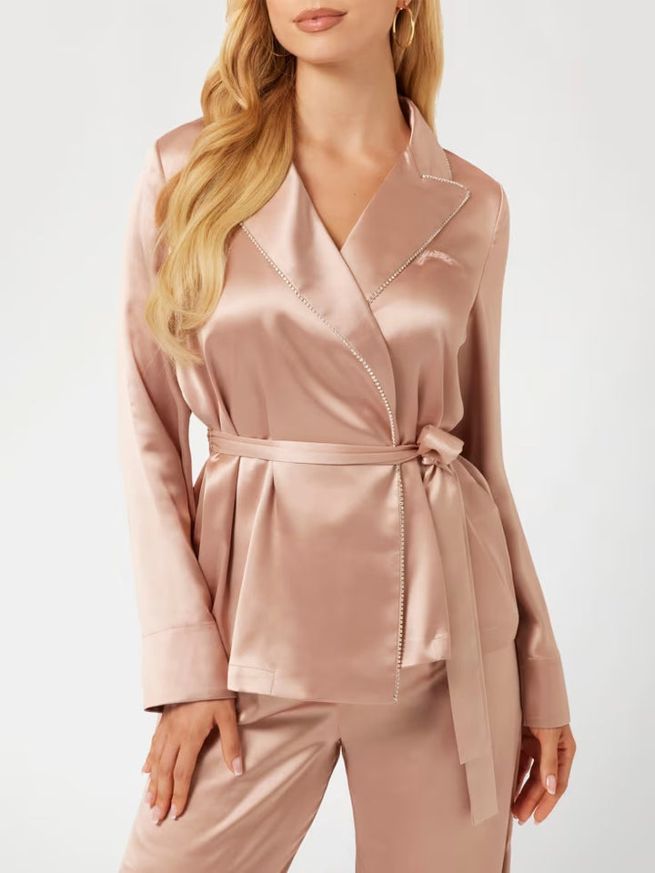 Guess Satin Embellished Wrap Top and Pants PJ Set