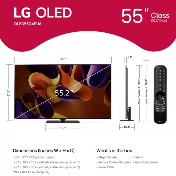 LG OLED55G4SUB 55 inch Class LG OLED evo G4 4K Smart TV 2024 with Supplied TV Stand