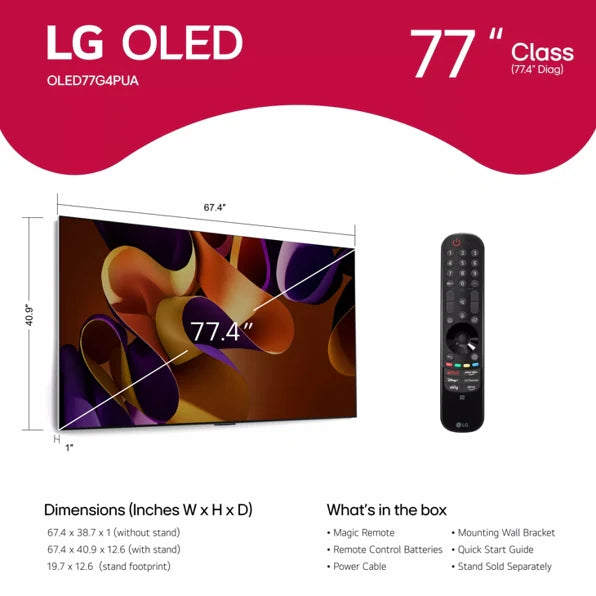 LG OLED77G4WUA 77 inch Class LG OLED evo G4 4K Smart TV 2024 with Supplied Wall Mount
