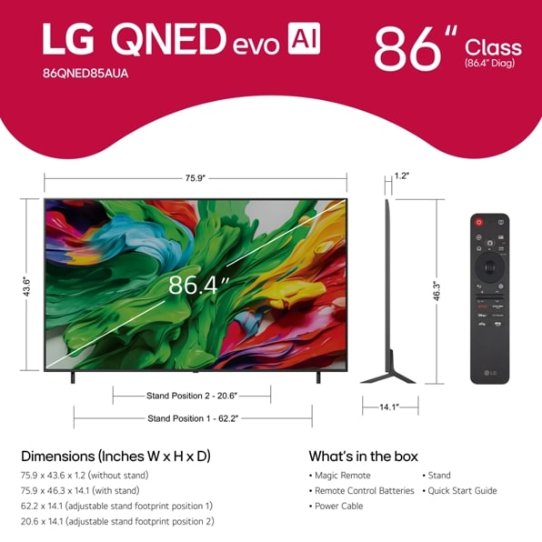 LG 86 Inch Class LG QNED evo AI QNED85A Mini LED 4K Smart TV 2025