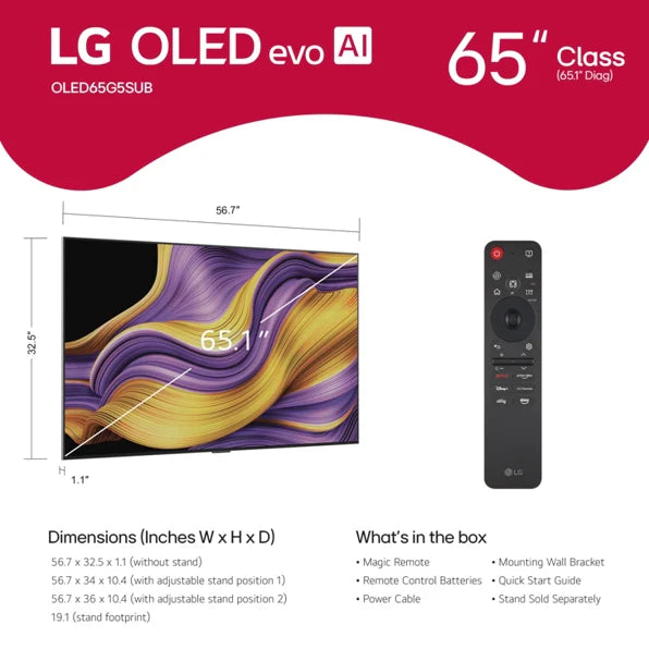 LG OLED65G5WUA 65 inch Class LG OLED evo AI G5 4K Smart TV 2025 with Supplied Wall Mount