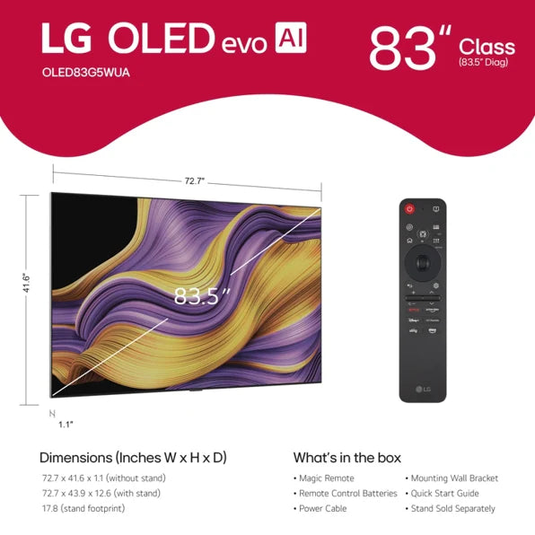 LG OLED83G5WUA 83 inch Class LG OLED evo AI G5 4K Smart TV 2025 with Supplied Wall Mount
