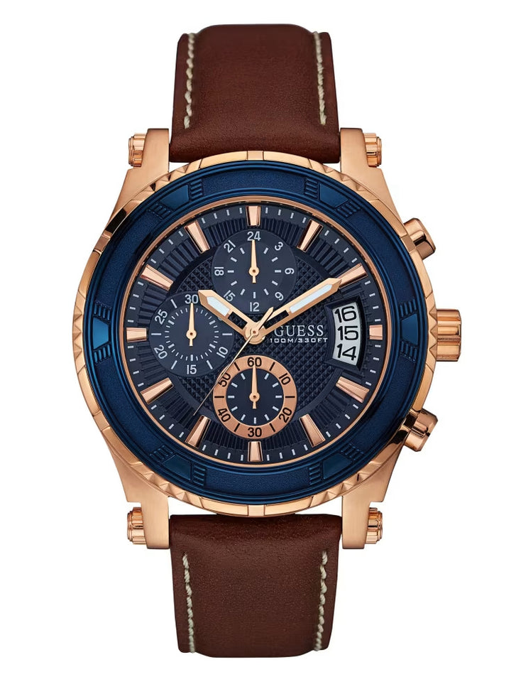 Guess Brown and Rose Gold-Tone Leather Sport Watch