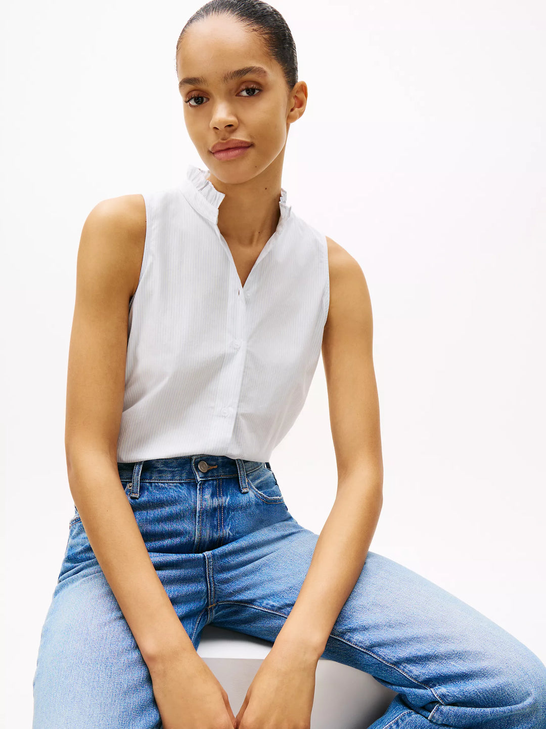 Tommy Hilfiger Stripe Ruffle-Collar Sleeveless Shirt