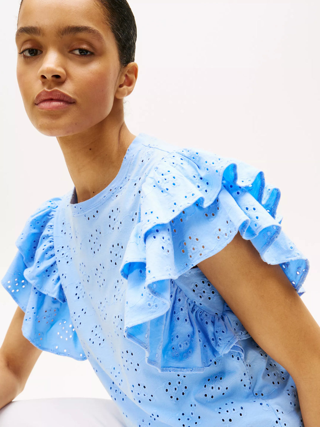 Tommy Hilfiger Embroidered Eyelet Ruffle-Sleeve Top