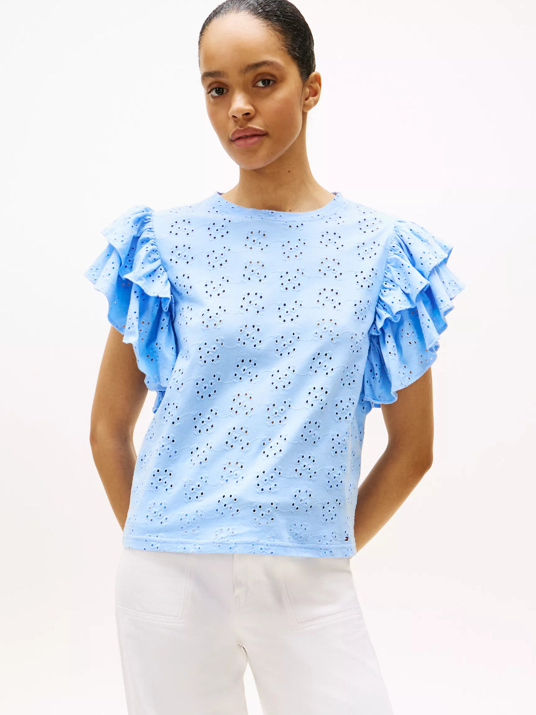 Tommy Hilfiger Embroidered Eyelet Ruffle-Sleeve Top