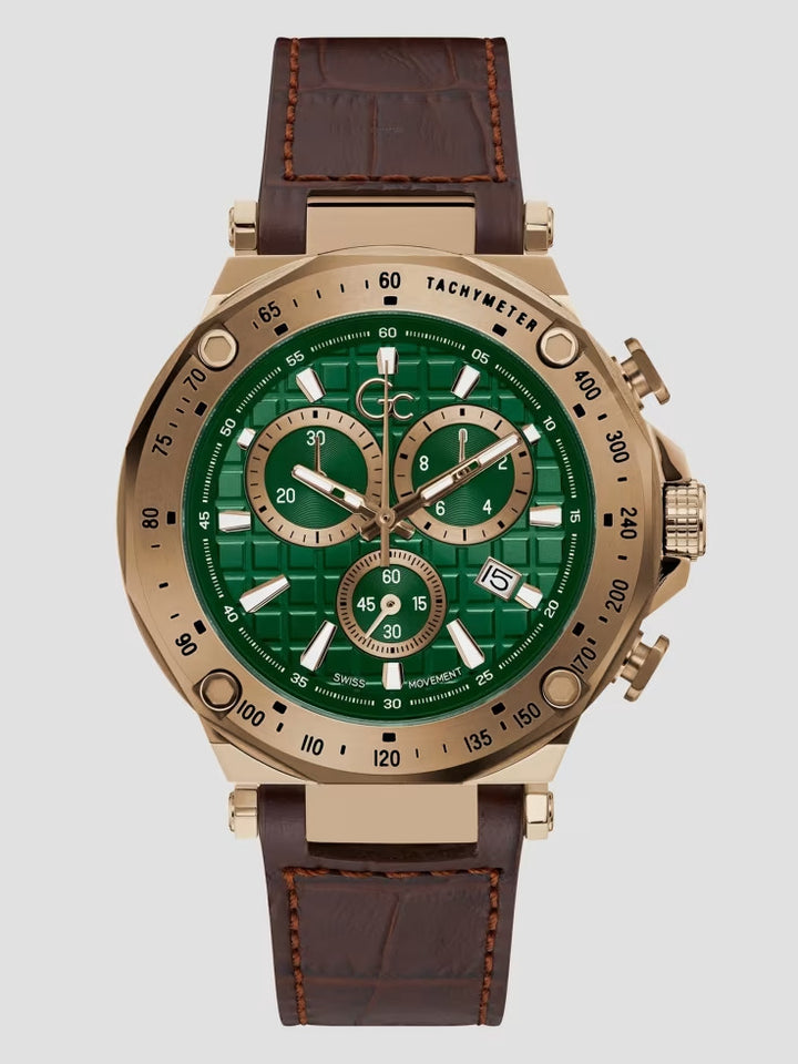 Guess Gc Gold-Tone and Brown Leather Chronograph Watch