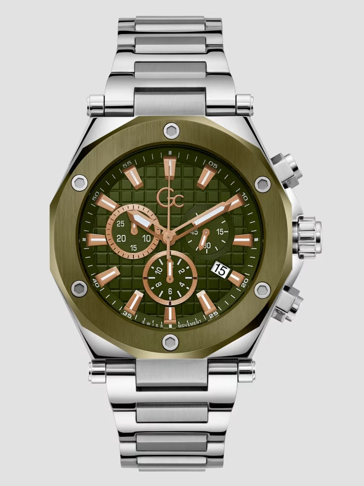 Guess Gc Silver and Green-Tone Metal Chronograph Watch