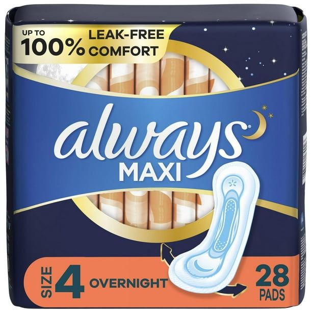 Always Maxi Overnight Pads without Wings for Women, Size 4, Overnight Absorbency, Unscented, 28CT