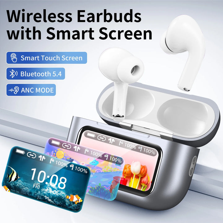 Wireless Bluetooth Touchscreen Earbuds,75H Bass Stereo Ear Buds with 6 EQ Modes,Multifunction LED Full Color VEATOOL Touchscreen Wireless Earphones with ENC Mic,ANC Noise Cancelling/Transparency Mode