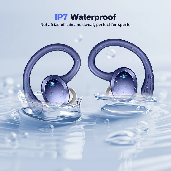 ETEPEHI Wireless Earbuds - ETEPPEHI Bluetooth 5.3 Stereo Ear Buds with Earhooks, ENC Noise Cancelling Mic, IP7 Waterproof Earphone for Workout/Running, Blue