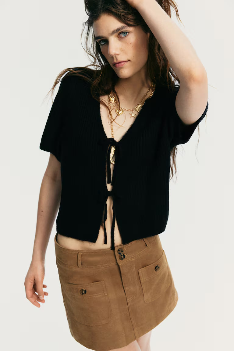 H&M TIE-DETAIL RIB-KNIT TOP