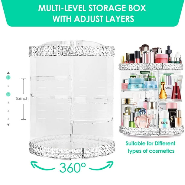 RIFESHOW 360°Rotating Makeup Organizer, Adjustable Storage Large Capacity Makeup Display Case Clear Acrylic Organizer Container for Cosmetic Brushes Lipsticks