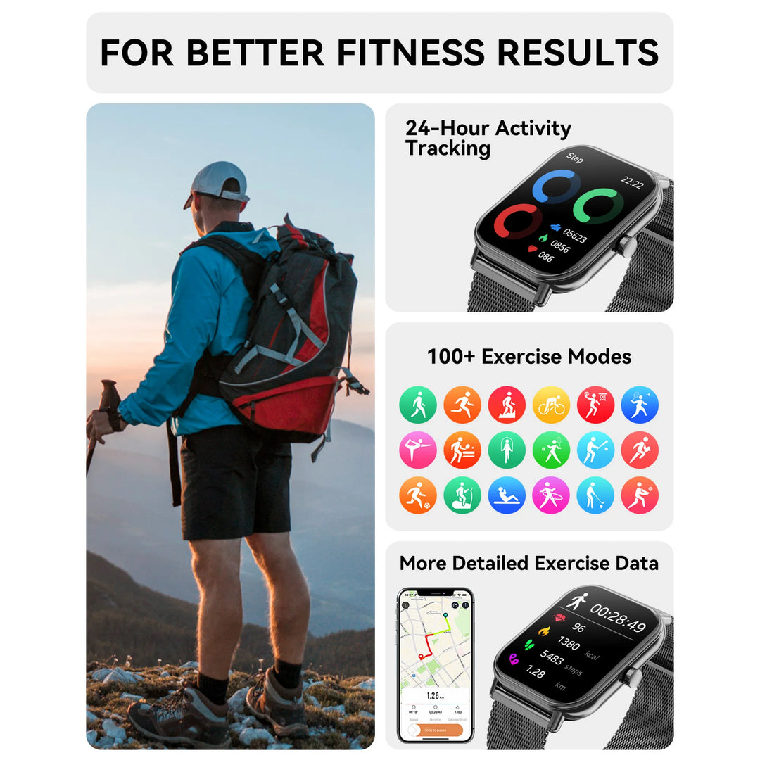 Mingdaln Smart Watch fits for Android and Iphone, IP68 Waterproof, Suitable for Women Men 100 Sports Modes 1.85 inch Fitness Tracker, with Answer/Make Calls/Message Reminder, （Milano Steel Band）