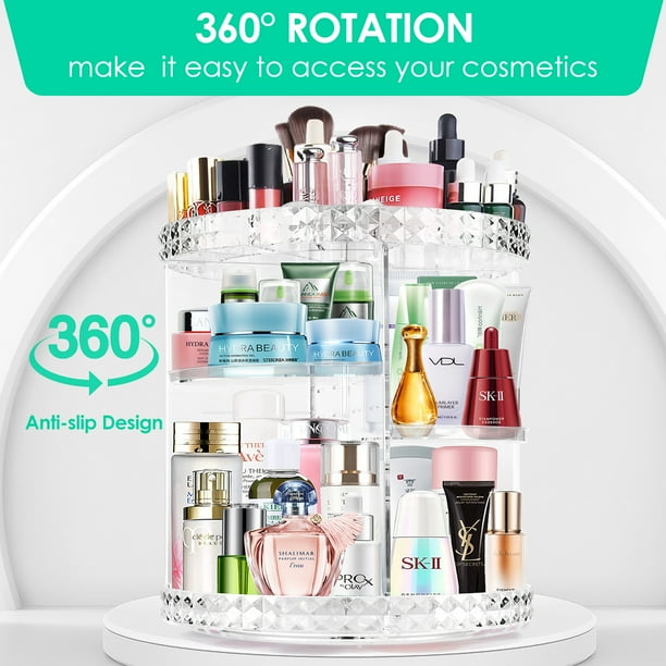 RIFESHOW 360°Rotating Makeup Organizer, Adjustable Storage Large Capacity Makeup Display Case Clear Acrylic Organizer Container for Cosmetic Brushes Lipsticks