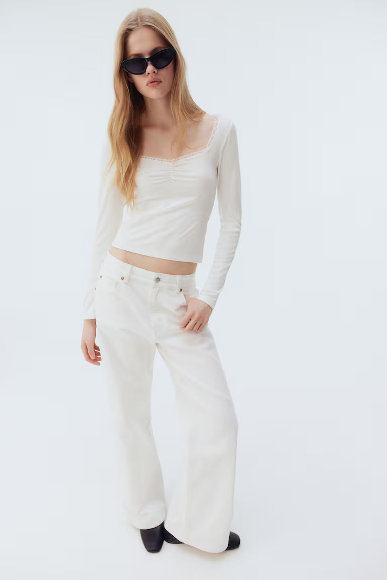 H&M LACE-TRIMMED RIBBED TOP