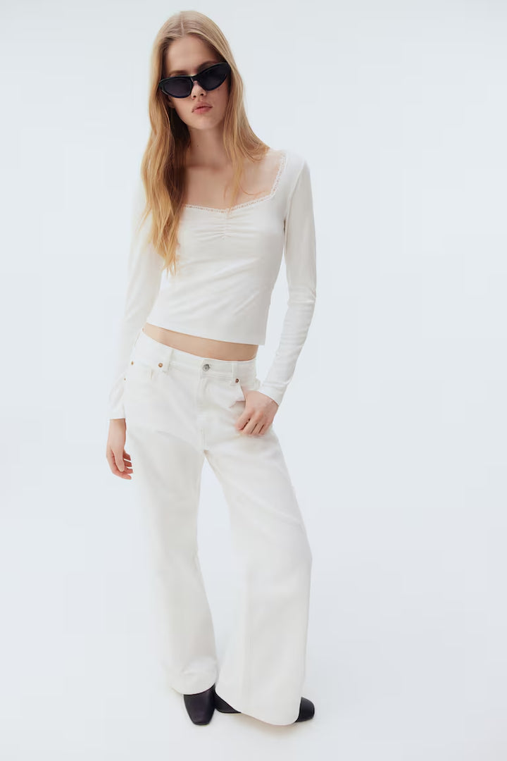H&M LACE-TRIMMED RIBBED TOP