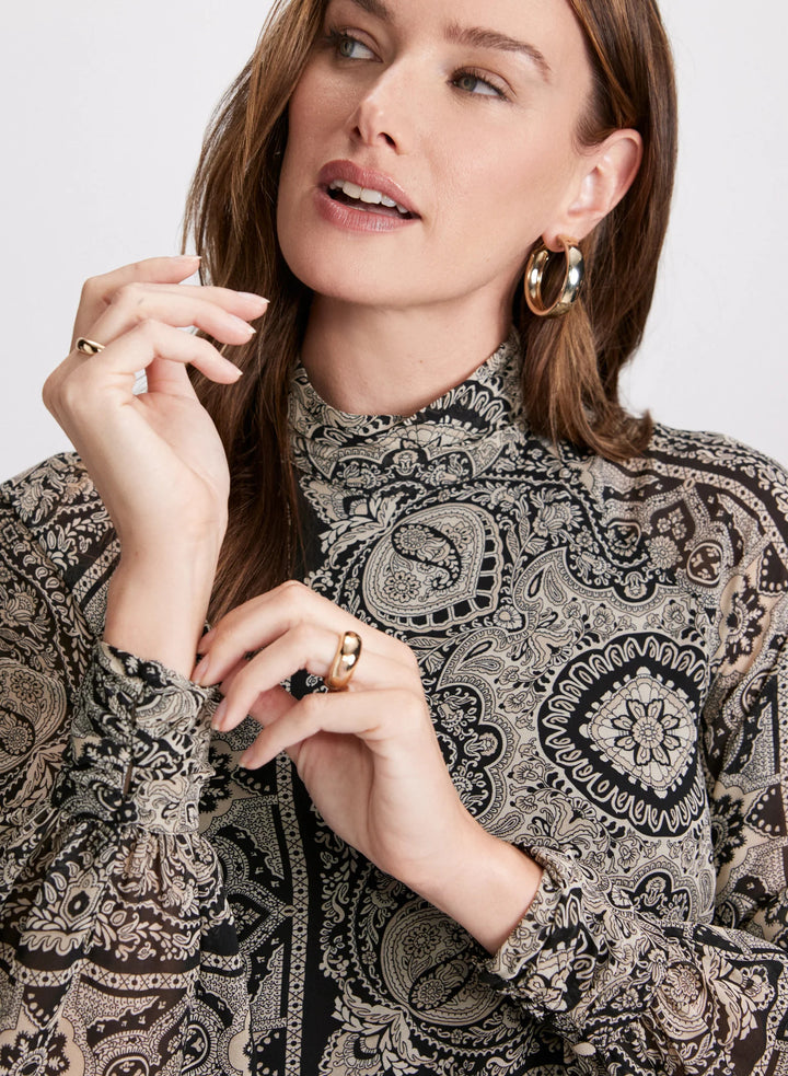 LAURA Scarf Print Mock Neck Blouse