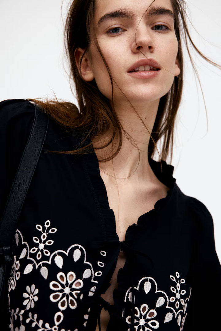 H&M Cotton Blouse with Eyelet Embroidery