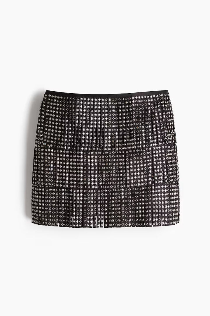 H&M RHINESTONE-DECORATED FRINGED SKIRT