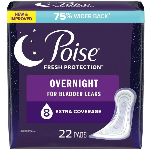 Poise Incontinence Pads for Women, 8 Drop, Overnight Absorbency, Extra-Coverage, 22Ct, POISE PAD LNG 22