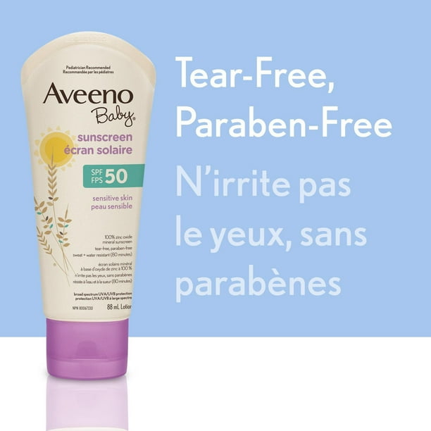 Aveeno Baby Mineral Sunscreen Lotion SPF 50 - 100% Naturally Sourced Zinc Oxide for Sensitive Skin - Water Resistant, 88 mL