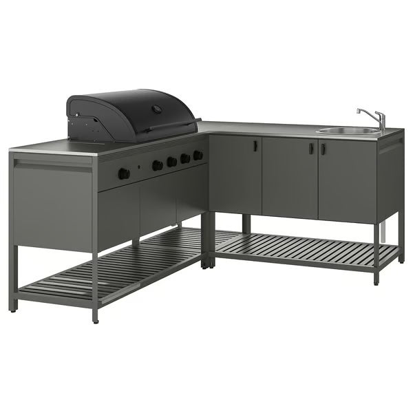 IKEA BÅTSKÄR Outdoor kitchen w gas bbq+sink unit, dark gray, 70 7/8x70 7/8 "