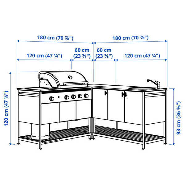 IKEA BÅTSKÄR Outdoor kitchen w gas bbq+sink unit, dark gray, 70 7/8x70 7/8 "