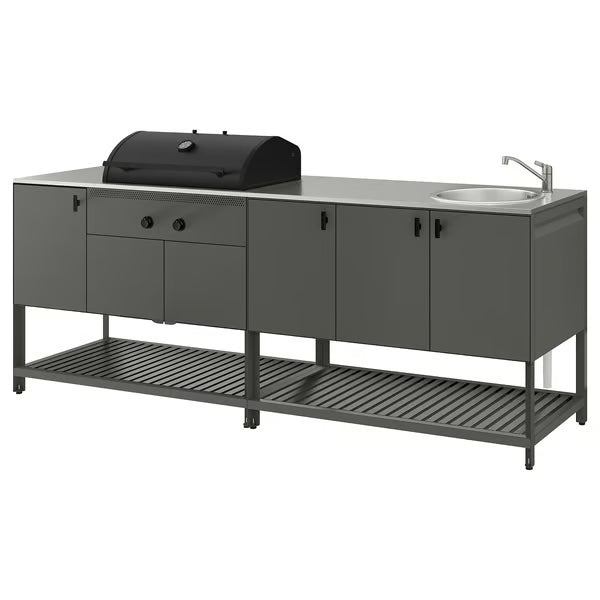 IKEA BÅTSKÄR Outdoor ktchn w chrcl bbq+sink unit, dark gray, 94 1/2x23 5/8 "