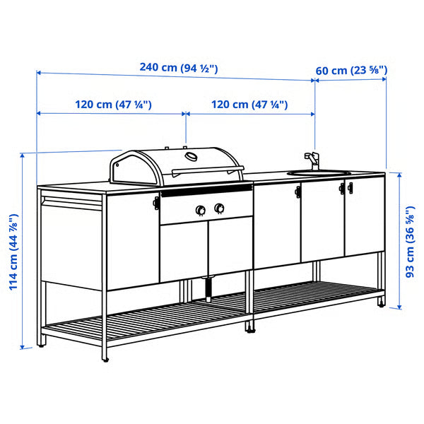IKEA BÅTSKÄR Outdoor ktchn w chrcl bbq+sink unit, dark gray, 94 1/2x23 5/8 "