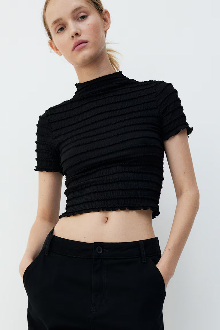 H&M SMOCKED TOP WITH OVERLOCKED TRIM