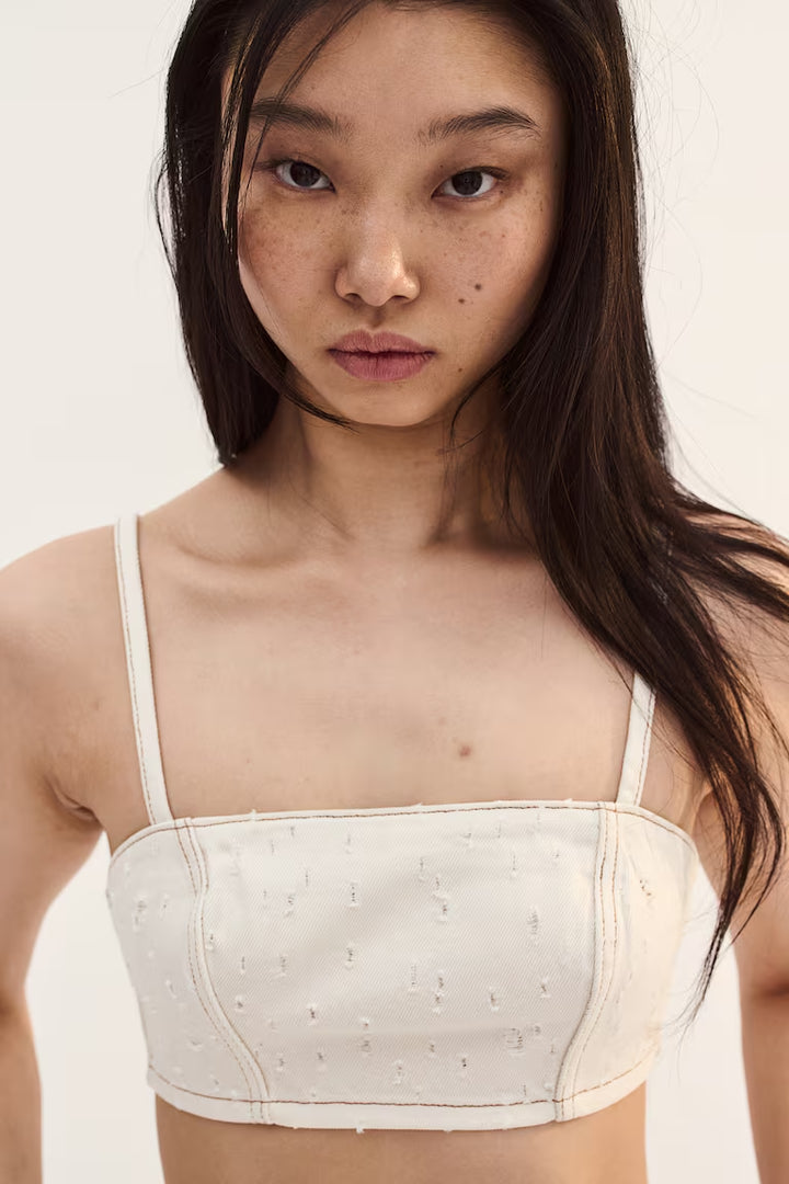 H&M DISTRESSED-LOOK TWILL CROP TOP