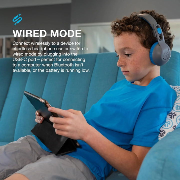 JLab JBuddies Studio 2 On-Ear Kids Wireless Headphones, Blue/Graphite, Volume Safe, Folding, Adjustable, Noise Isolation, Mic